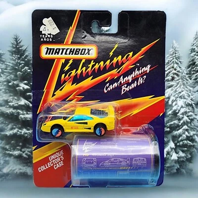 Caja de cerillas Lightning Ferrari F40 amarillo 1991 estuche de especificaciones de rendimiento V1 vintage Foto 1 de 4