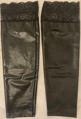 Damen  Halterlose  Strümpfe Kunstleder Glanz Wetlook  Schwarz - Bild 1 von 3