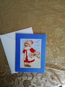 Hand Made completed cross stitch small Purple Card For Any Occasion - Picture 1 of 1