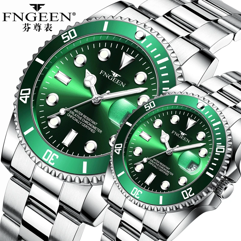 FNGEEN Men And Women Couple Set Quartz Date Stainless Steal Strap Wrist Watch - Image 1 of 1