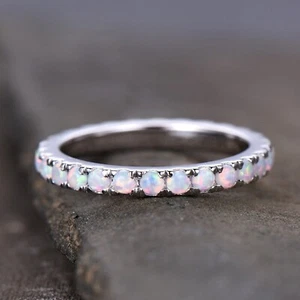 1.50Ct Round Cut Opal Full Eternity Wedding Band Ring 14K White Gold Plated - Picture 1 of 6