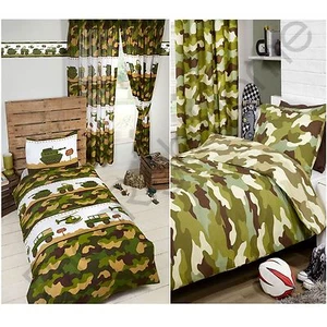 ARMY CAMP CAMOUFLAGE TANKS DUVET COVERS MATCHING CURTAINS WALLPAPER BORDER BOYS - Picture 1 of 17