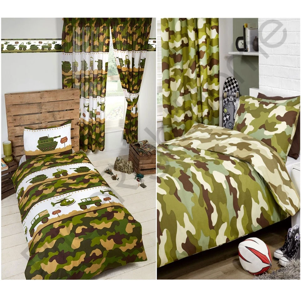 ARMY CAMP CAMOUFLAGE TANKS DUVET COVERS MATCHING CURTAINS WALLPAPER BORDER BOYS - Image 1 of 1