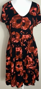 Volcom Kleid Damen Gr. L schwarz-rot geblümt, geteilte Flügelärmel V-Ausschnitt seitlicher Reißverschluss - Bild 1 von 10