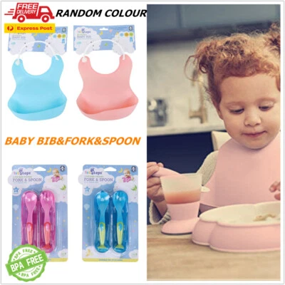 3xBaby Feeding Bib Apron Smock Silicone Waterproof Toddler Pouch Kid Fork&Spoon  - image 1 of 4