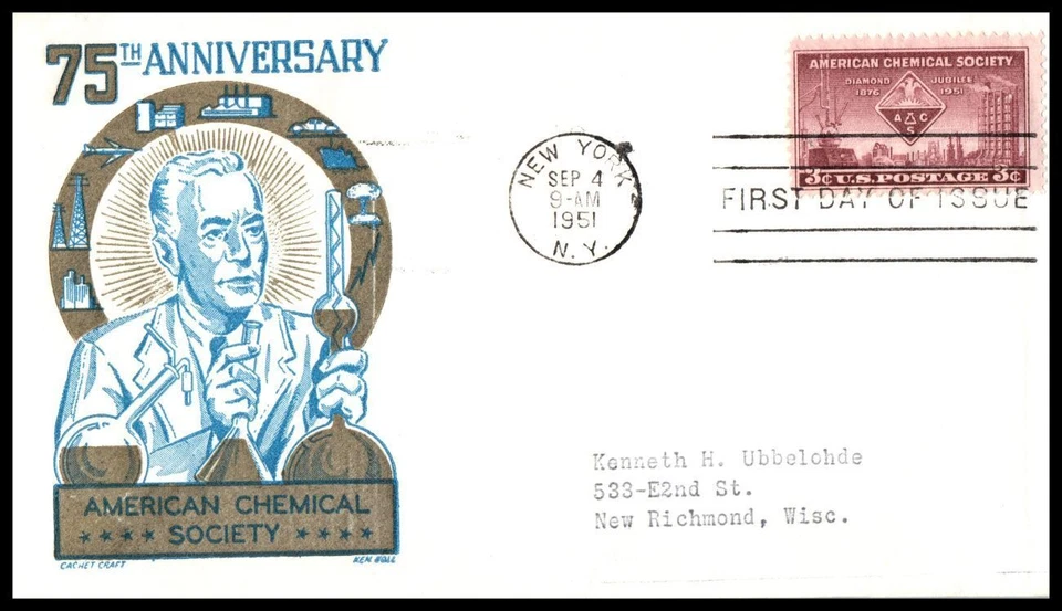 1951 American Chemical Society 75th 3c Sc 1002 FDC Cachet Craft, Ken Boll (R5 - Image 1 of 1