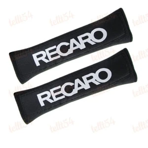 X2 Black RECARO Logo Racing Embroidery Soft Cotton Seat Belt Cover Shoulder Pads - Picture 1 of 7