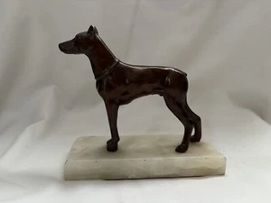 Antique Bronzed Doberman Pinscher Dog Figural Sculpture Marble / Stone Base - Picture 1 of 7