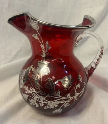 Ruby Red Vintage Glass Pitcher Silver Trim Poppy Flowers 6" H - Image 1 of 4