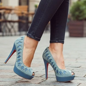 BCBGMAXAZRIA Aaliyah Pump Platform Stiletto Heel Womens 10 Blue Leather Peep Toe - Picture 1 of 19