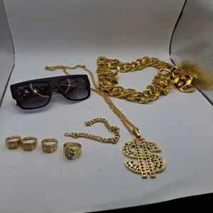 Hip Hop Costume Kit 8 Pcs 80s/90s Hip Hop Dress Accessories Fake Gold Necklace - Picture 1 of 6