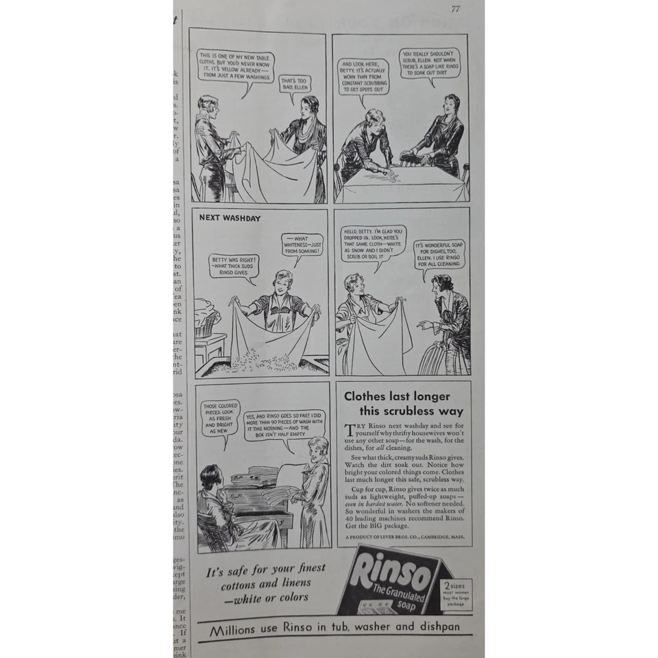 Página de publicidad de jabón granulado Rinso 1932 vintage - La ropa dura más Foto 1 de 1