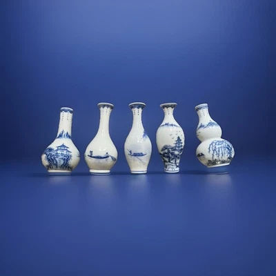 Set of 5 Chinese Blue White Porcelain Mini Vases Handpainted Jingdezhen Mark - Image 1 of 4