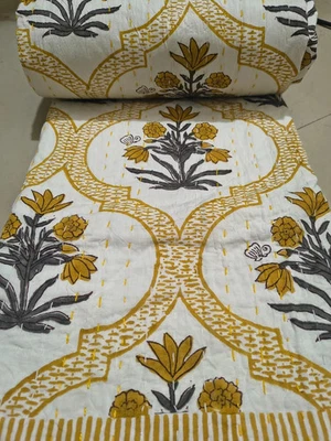 Cotton Kantha Quilt Hand Block Indian Blanket Bedspread Throw Floral Twin Size - Image 1 of 4