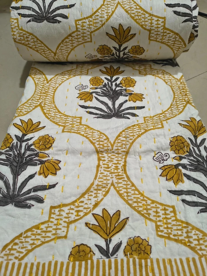 Cotton Kantha Quilt Hand Block Indian Blanket Bedspread Throw Floral Twin Size - Image 1 of 4