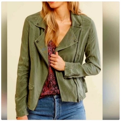 Anthro Marrakech Marlo Linen Moto Jacket Dark Green Gray XL Grunge Classic Boho - Image 1 of 4