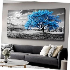Blue Tree Canvas Wall Art - Modern landscape 40L" x 20W" Blue Tree Art - Picture 1 of 7