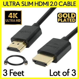Paquete de 3 cables HDMI delgados de 3 pies HDMI macho a macho para monitor de TV proyector PC - Imagen 1 de 4