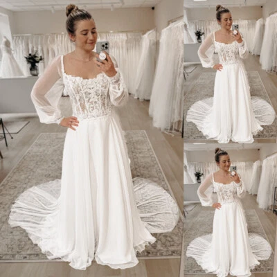 Long Sleeves Wedding Dresses Chiffon Square Neck Lace Sweep Train Bridal Gowns - Image 1 of 4