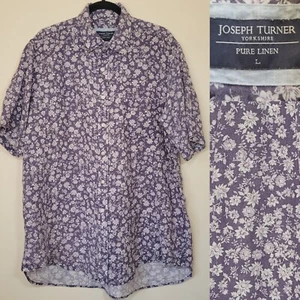 Joseph Turner Yorkshire Linen Shirt Short Sleeve Purple Floral Summer Size L - Picture 1 of 7