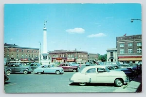 Main Street City Square Angola Indiana Cars Soldiers Monument c1952 VTG Postcard - Picture 1 of 2