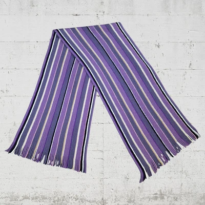 90s Vintage Purple White Striped Rectangle Fringe Wool Blend Ribbed Knit Scarf - Image 1 of 4