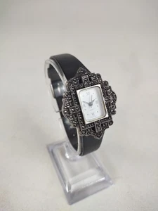 Vintage Avon Watch Women Silver Tone Marcasite Black Band - New Battery - Picture 1 of 10