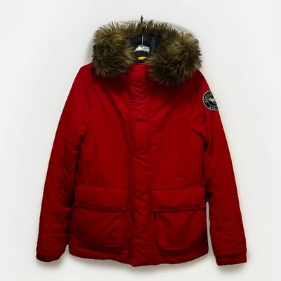 Abercrombie & Fitch 儿童人造毛皮连帽重量级派克大衣青少年 L 红色 Y2K — 第 1/4 张图片