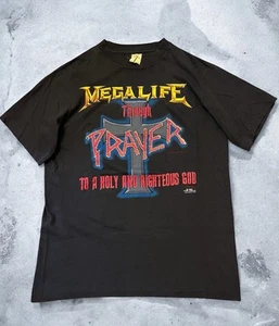 Vintage 80s Megalife Through Prayer Jesus Tshirt Size L Megadeath Slayer Parody - Picture 1 of 7