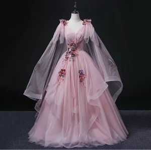 Abiti da sposa principessa rosa scollo a V con fiori linea A abiti da sposa in tulle - Foto 1 di 11