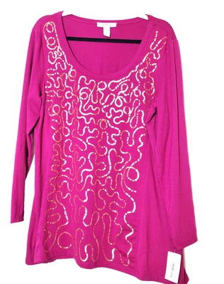 New Style & Co Womens Top Large Pink Long Sleeve Scoopneck Tunic Sequins - Image 1 of 4