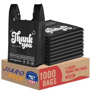 1000 Black Thank You T-Shirt Bags 12" x 6.5" x 21" Plastic Grocery Shopping Bags - Picture 1 of 9
