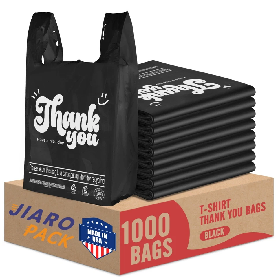 1000 Black Thank You T-Shirt Bags 12" x 6.5" x 21" Plastic Grocery Shopping Bags - Image 1 of 4