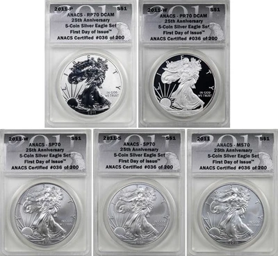 2011 Silver Eagle ANACS FDI 5 coin Reverse Proof Set MS70 PR70 RP70 SP70 - Image 1 of 4