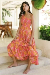 Mister Zimi Dress Lola In Mai Tai Tiered Midi Boho Gypsy Flowy Byron Linen Blend - Picture 1 of 11