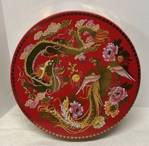 Vintage Asian Scene Dragon & Phoenix Flowers Red Gold Round Tin Biscuit Box - Picture 1 of 8