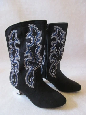 Joan Boyce Boots Black Blue Floral Embroidered Studded Fabric Size 8.5 M NEW - Image 1 of 4