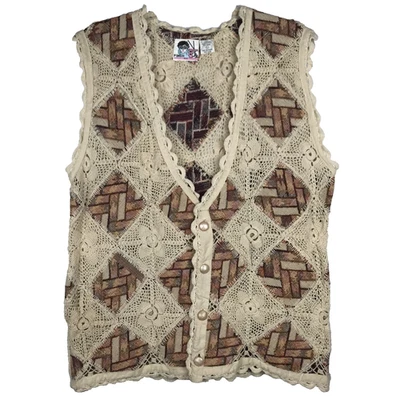 复古 Pinch NYC 精梳棉背心拼布钩针编织花卉棕褐色女式大号 — 第 1/4 张图片