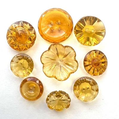 Variety Lot of 9 Vintage Transparent Yellow Amber Glass Buttons 11/16 - 1-1/8” - Image 1 of 4
