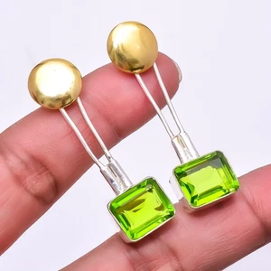 Peridot 925 Sterling Silver Two Tone Earring 1.76" E81 - Picture 1 of 3