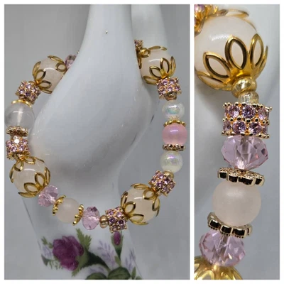 Pulsera de piedras preciosas vintage tapas de cuentas de oro - cuarzo, selenita rosa, cristales rosas Foto 1 de 4