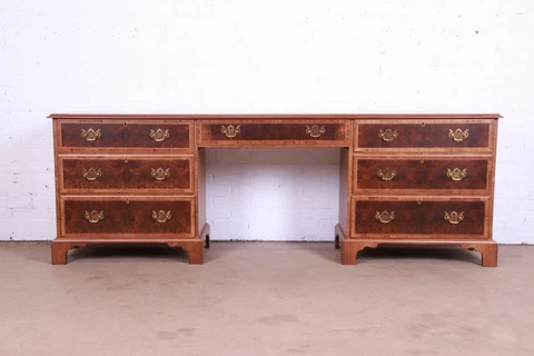 Baker Furniture Georgian Burled Walnut Executive Credenza Desk, Newly Refinished Cover