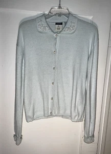 COUSIN JOHNNY Blue Cashmere Blend 50's Style Beaded Cardigan Sweater Size L c374 - Picture 1 of 11
