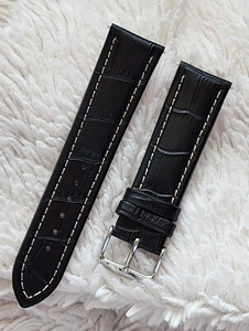 22mm Black White Stitches Genuine Leather interchangeable EZ-PIN Watch Strap Ban - Picture 1 of 3