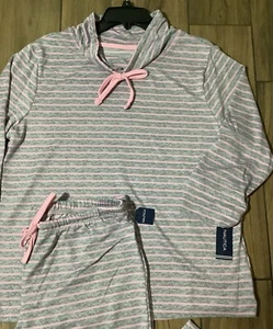 Nautica Sleepwear SET Women’s Size L Sweater Knit Long Sleeve Gray Pink Striped - Picture 1 of 11