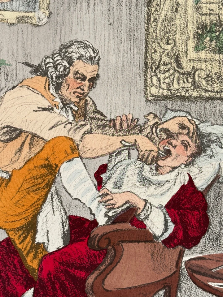 Grande gravure signée dentiste extraction dent scène caricature humour - Photo 1/4