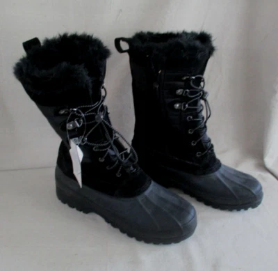 Lands End Womens Black Lace Up Side Zip Leather Faux Fur Snow Boot 511644 Size 9 - Image 1 of 4