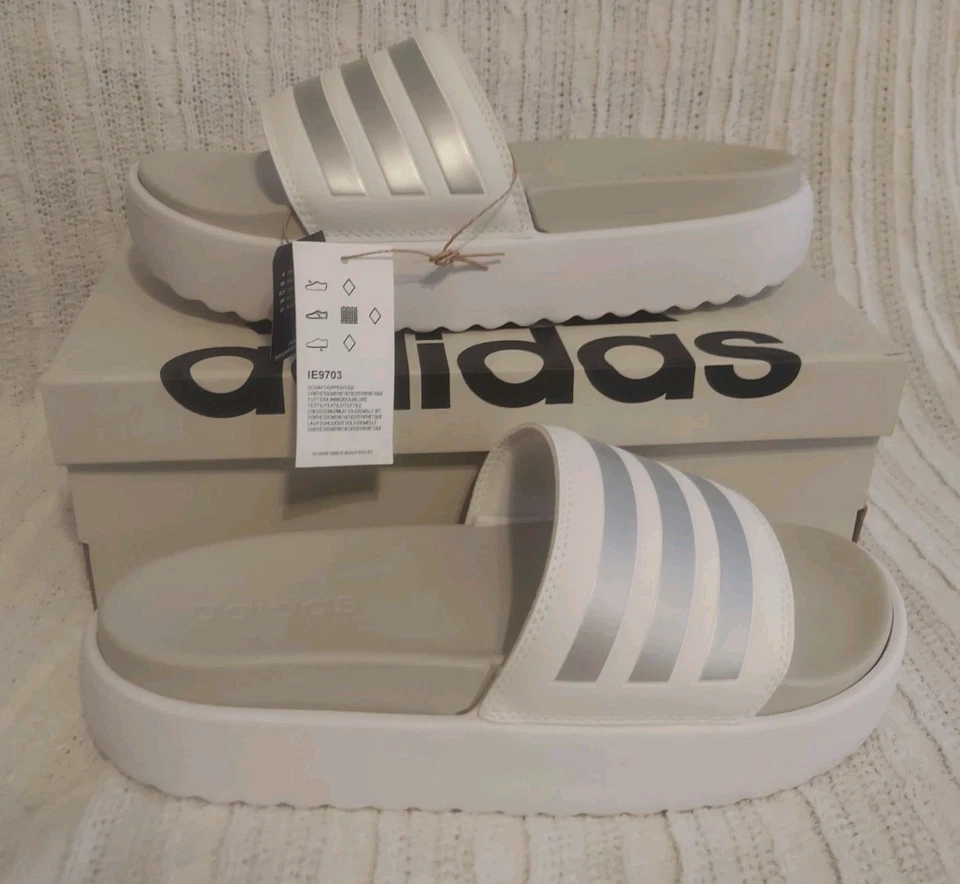 Adidas Sandals Women's 10 White Silver Adilette Platform Comfort Slide IE9703