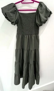 NWT Pretty Garden Chic Olive Green Puff Sleeve Tiered Dress Size M - Picture 1 of 4