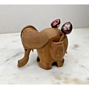 Hand Carved Wood Elephant Toothpick Holder Figurine Handpainted Maracas Trinket - Picture 1 of 11
